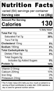 Prairie Tomme Nutrition Label