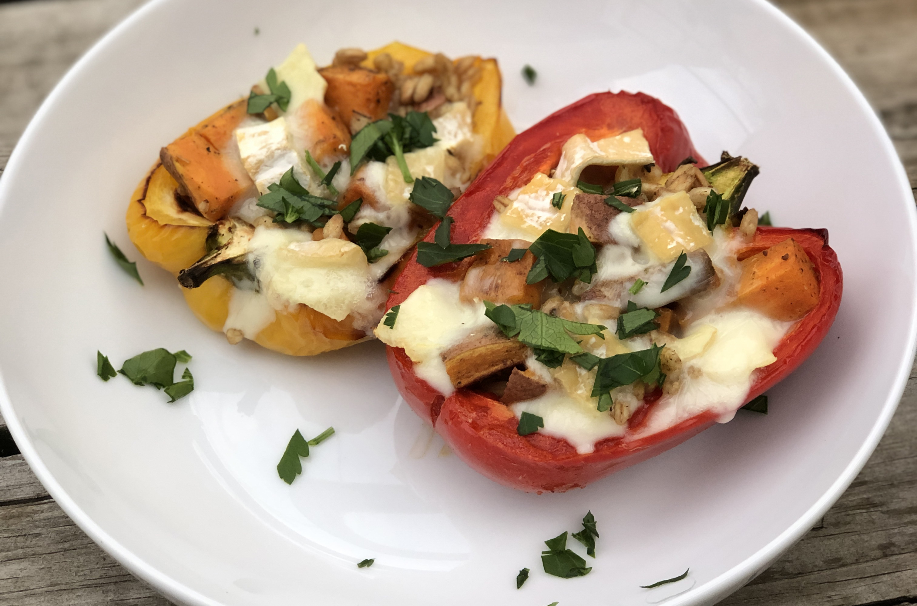 Try this vegetarian stuffed peppers recipe with sweet potatoes, farro and blended milk cheese by Green Dirt Farm.